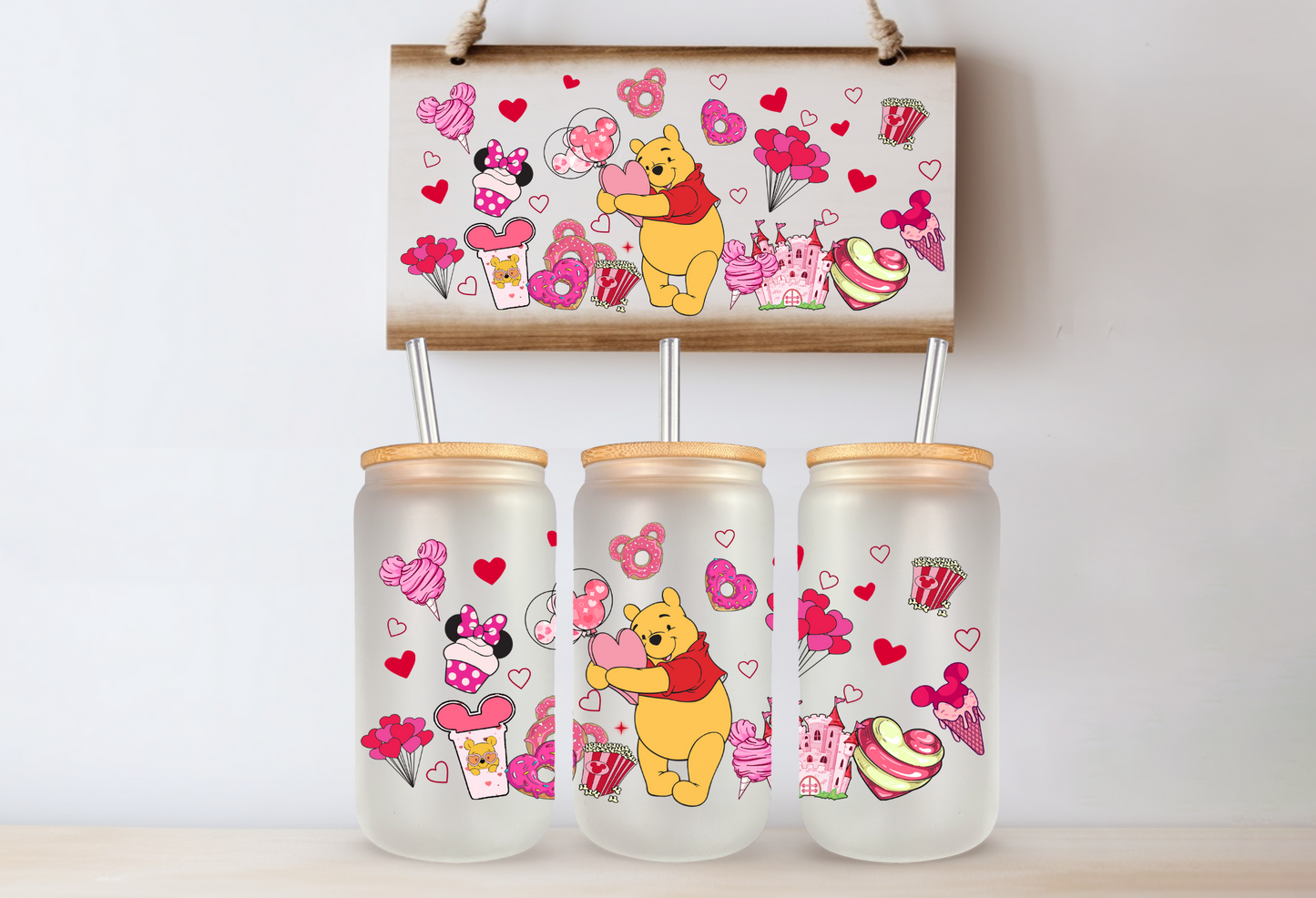 Cartoon Valentine's Day 16 oz Glass Cups