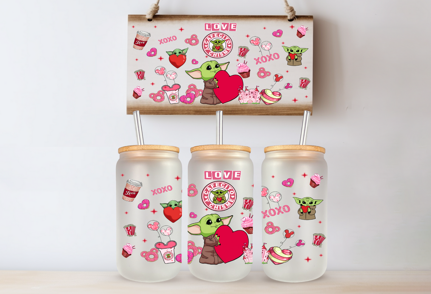 Cartoon Valentine's Day 16 oz Glass Cups