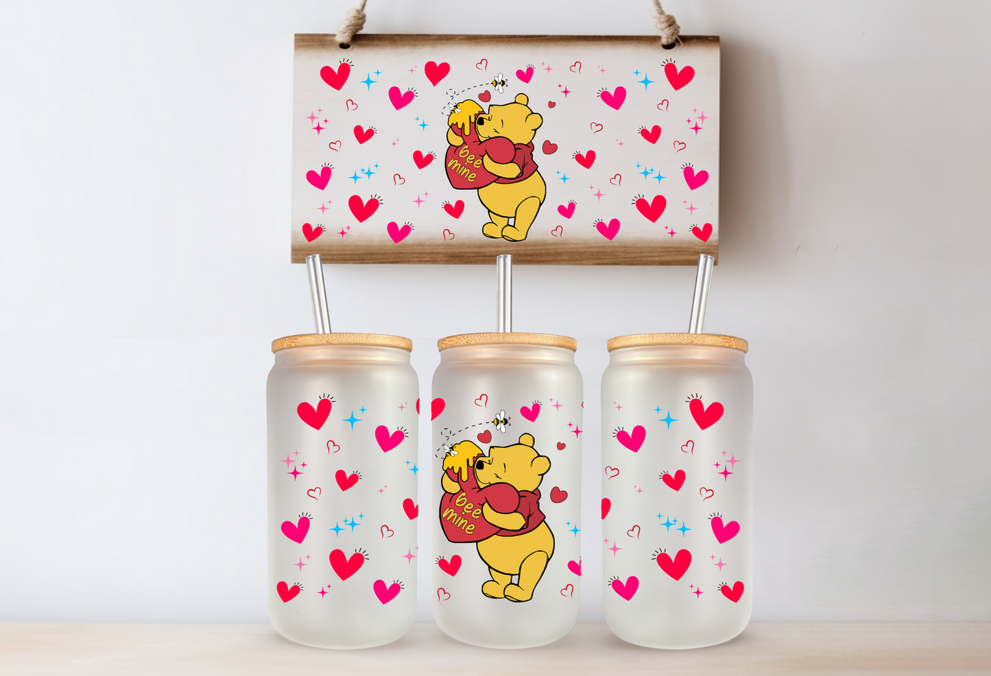 Cartoon Valentine's Day 16 oz Glass Cups