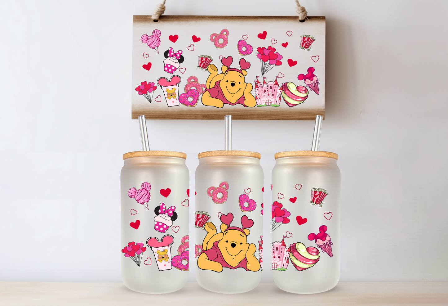 Cartoon Valentine's Day 16 oz Glass Cups