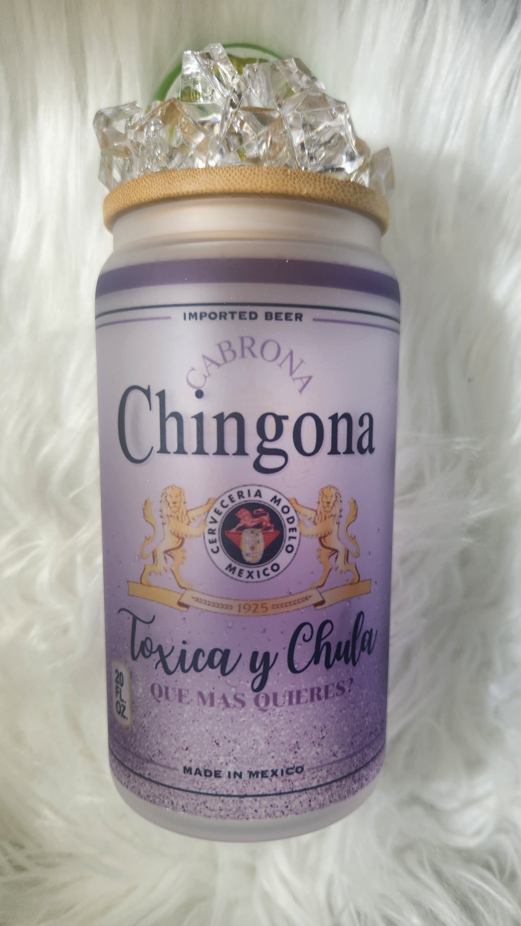 Chingona Frosted Glass Can with Ice and Lime Lid