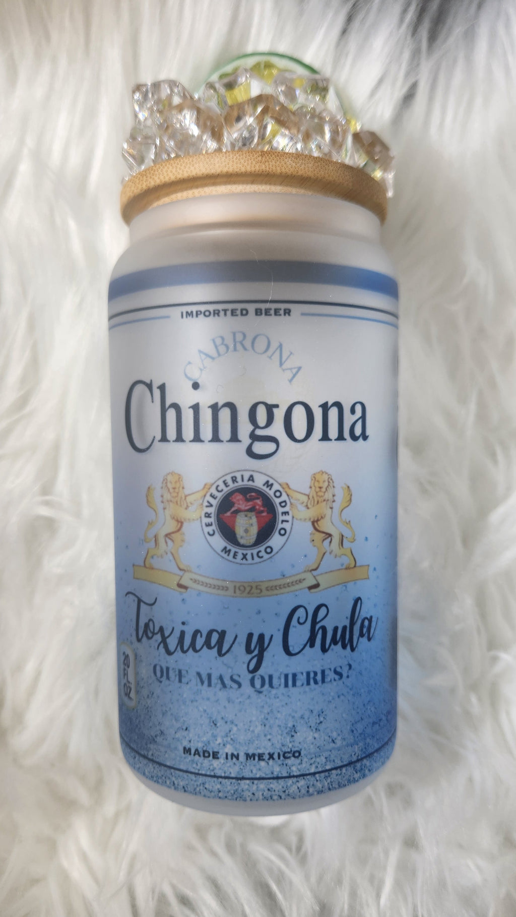 Chingona Frosted Glass Can with Ice and Lime Lid