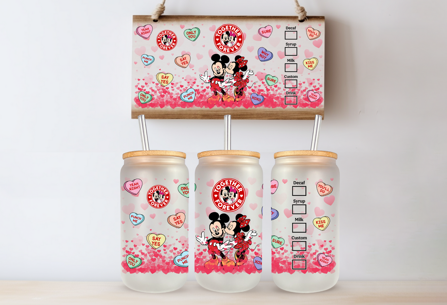 Cartoon Valentine's Day 16 oz Glass Cups