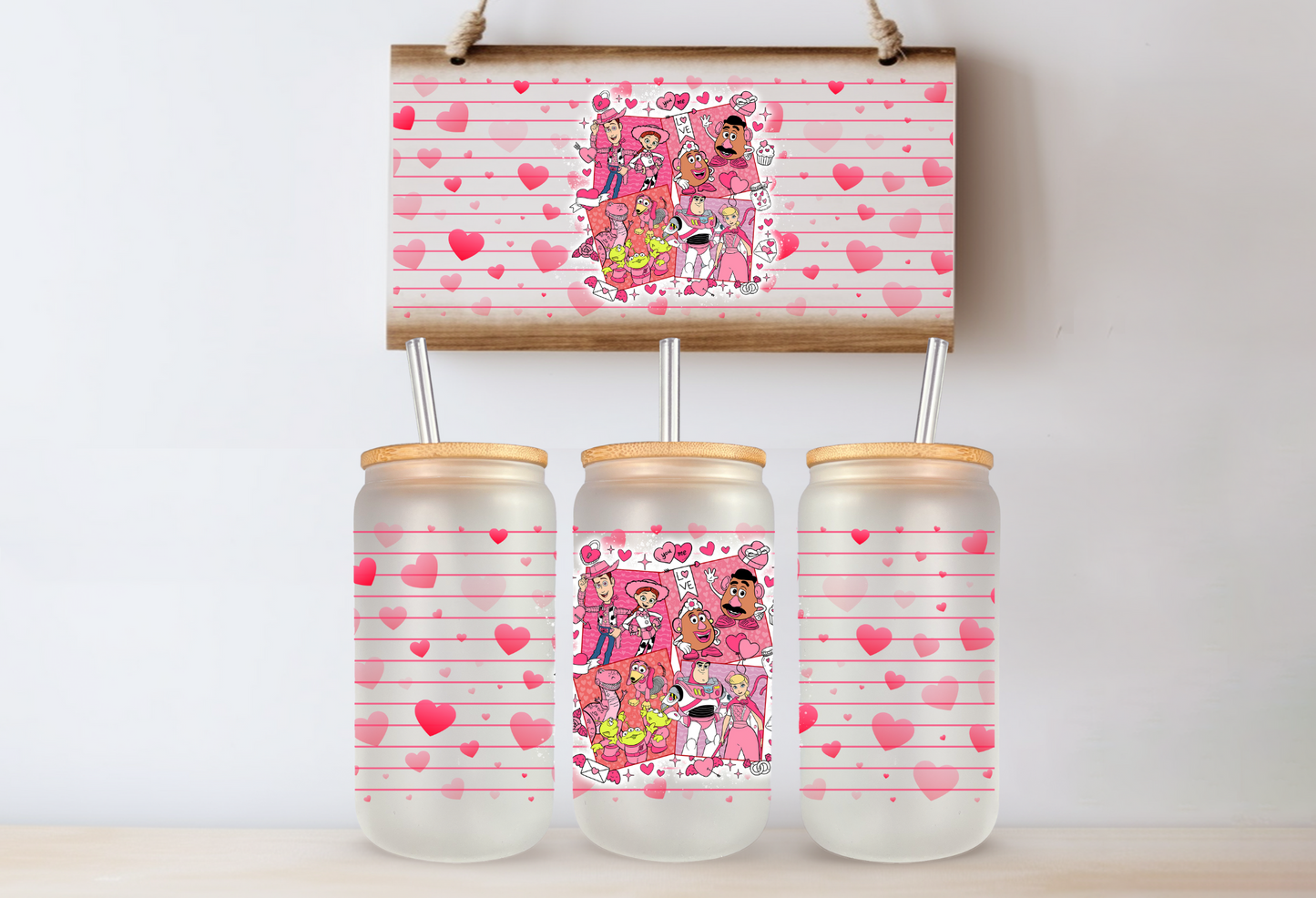 Cartoon Valentine's Day 16 oz Glass Cups