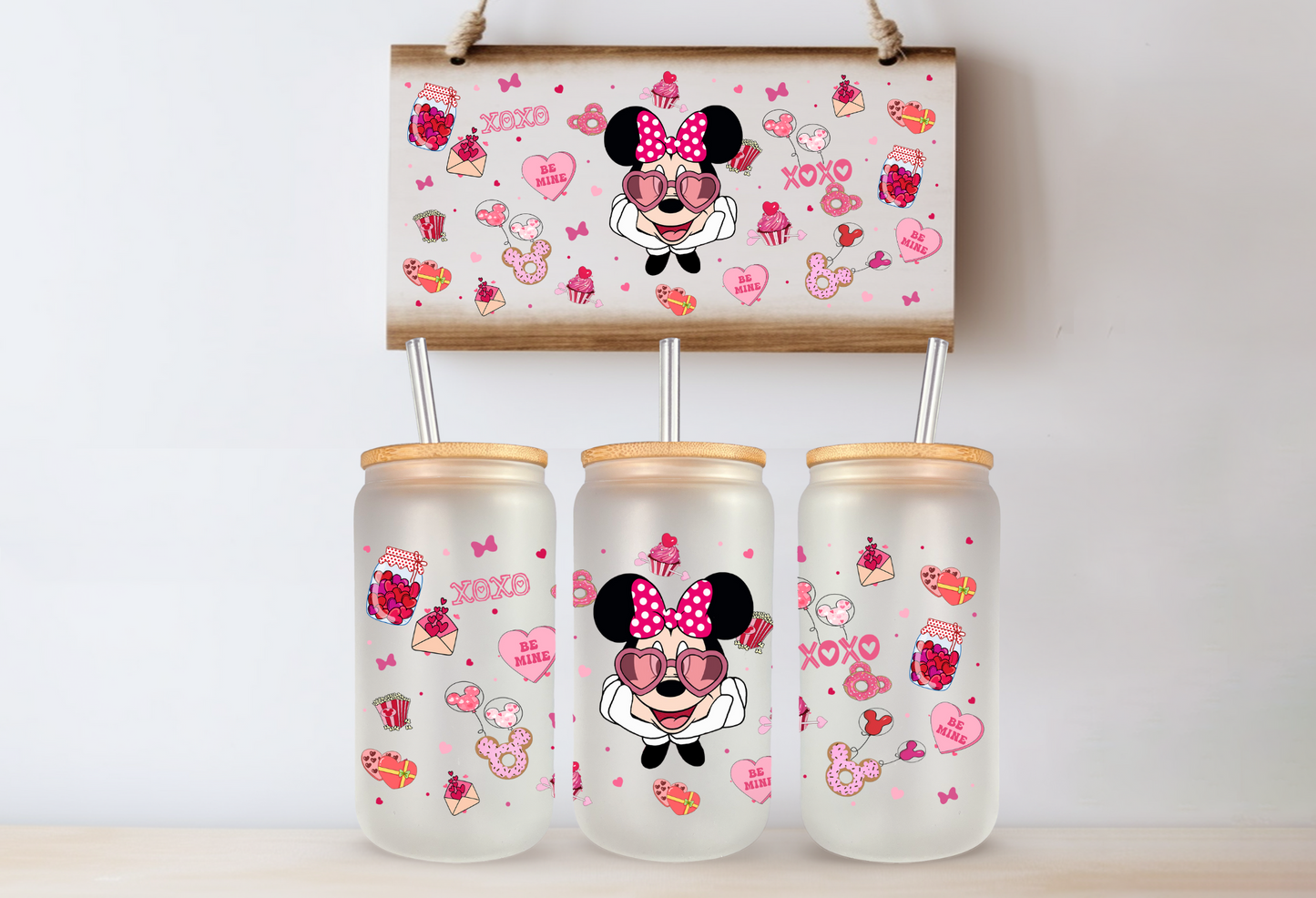 Cartoon Valentine's Day 16 oz Glass Cups