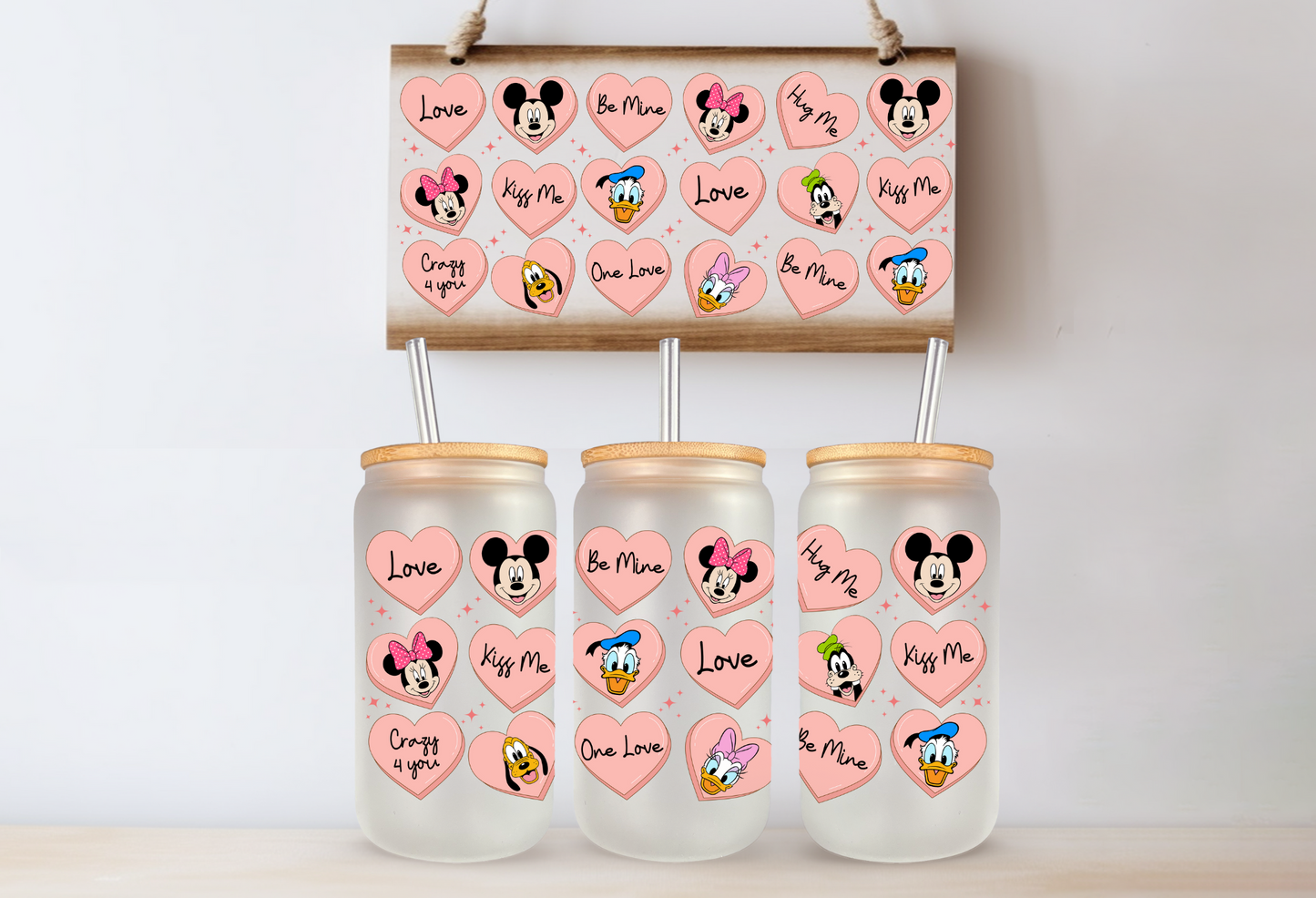 Cartoon Valentine's Day 16 oz Glass Cups