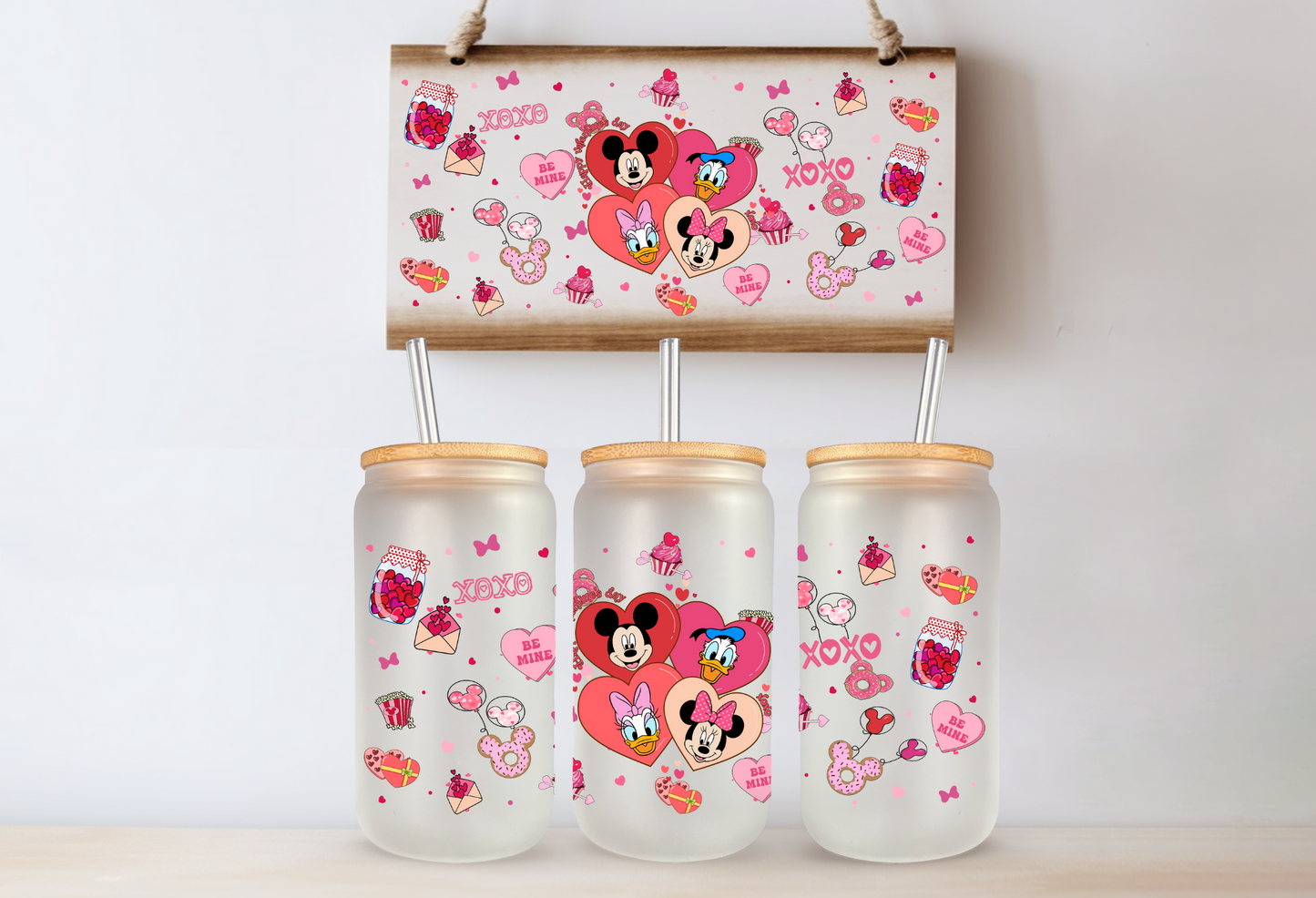 Cartoon Valentine's Day 16 oz Glass Cups