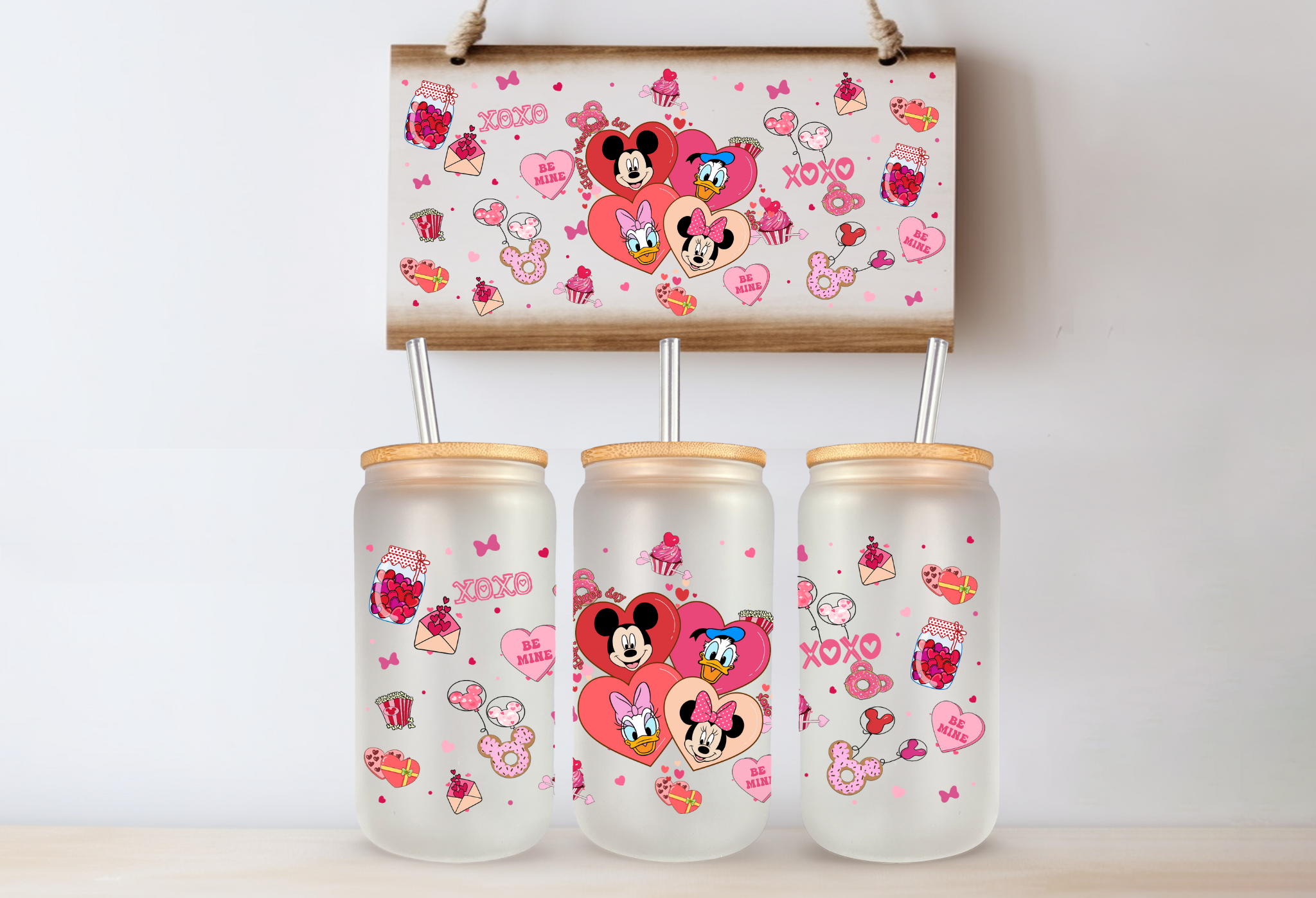 Cartoon Valentine's Day 16 oz Glass Cups